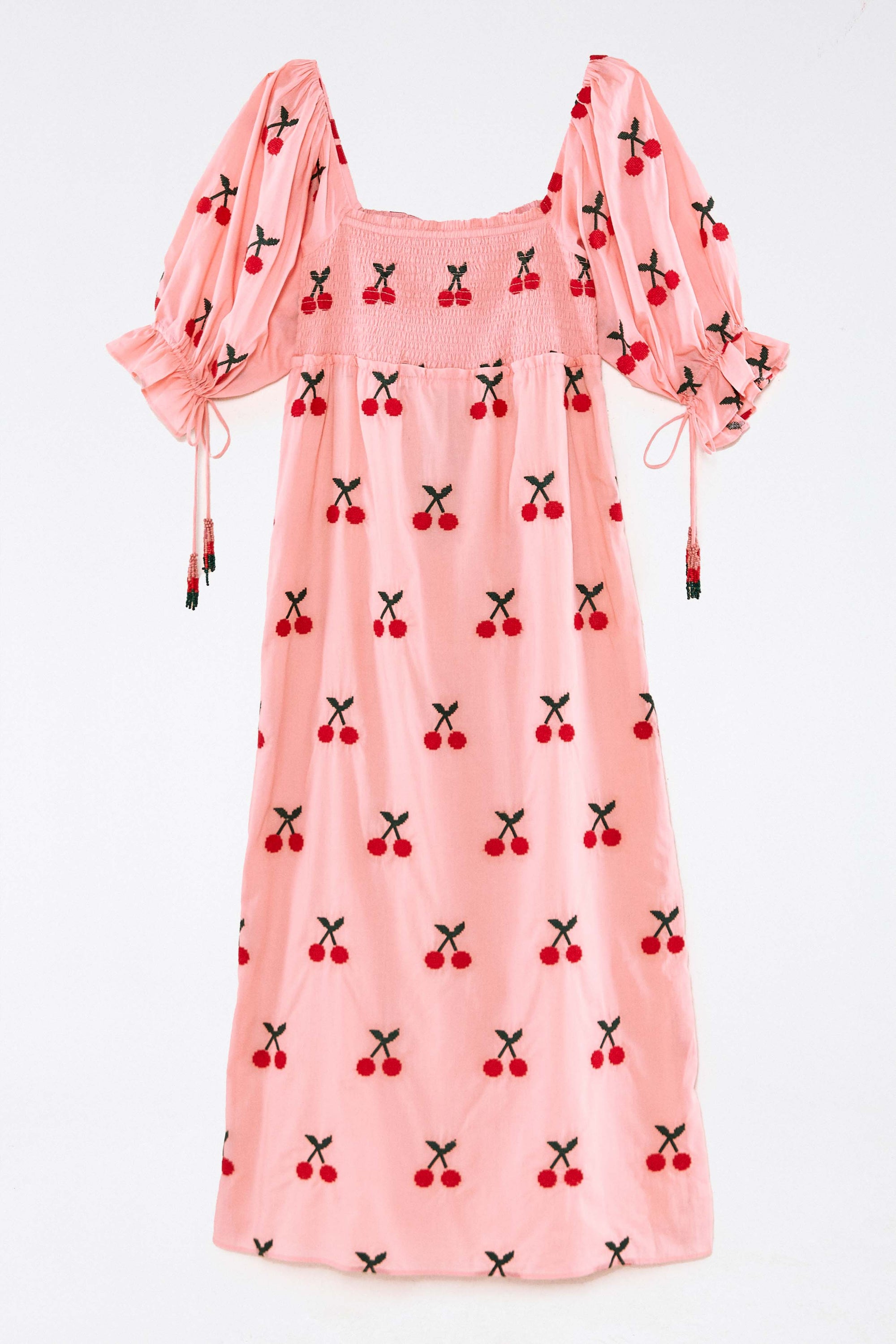 Robe midi à motif de cerises au point de croix en coton - Rose