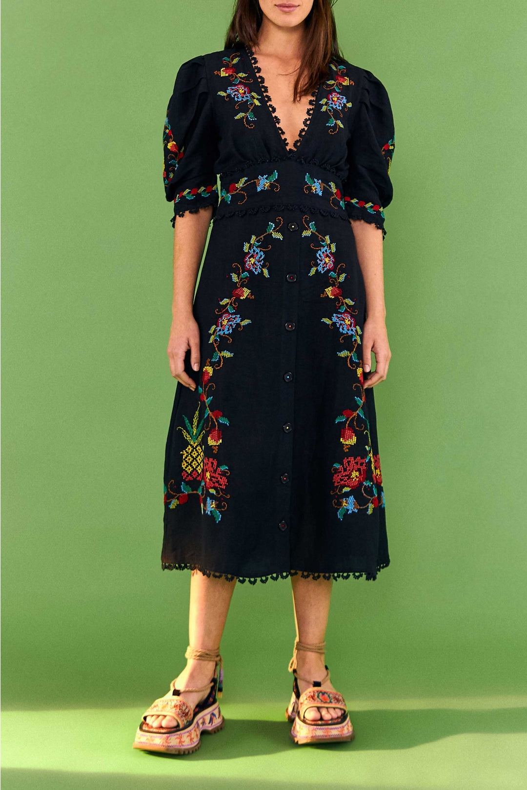 Robe midi au point de croix en lin - Noir