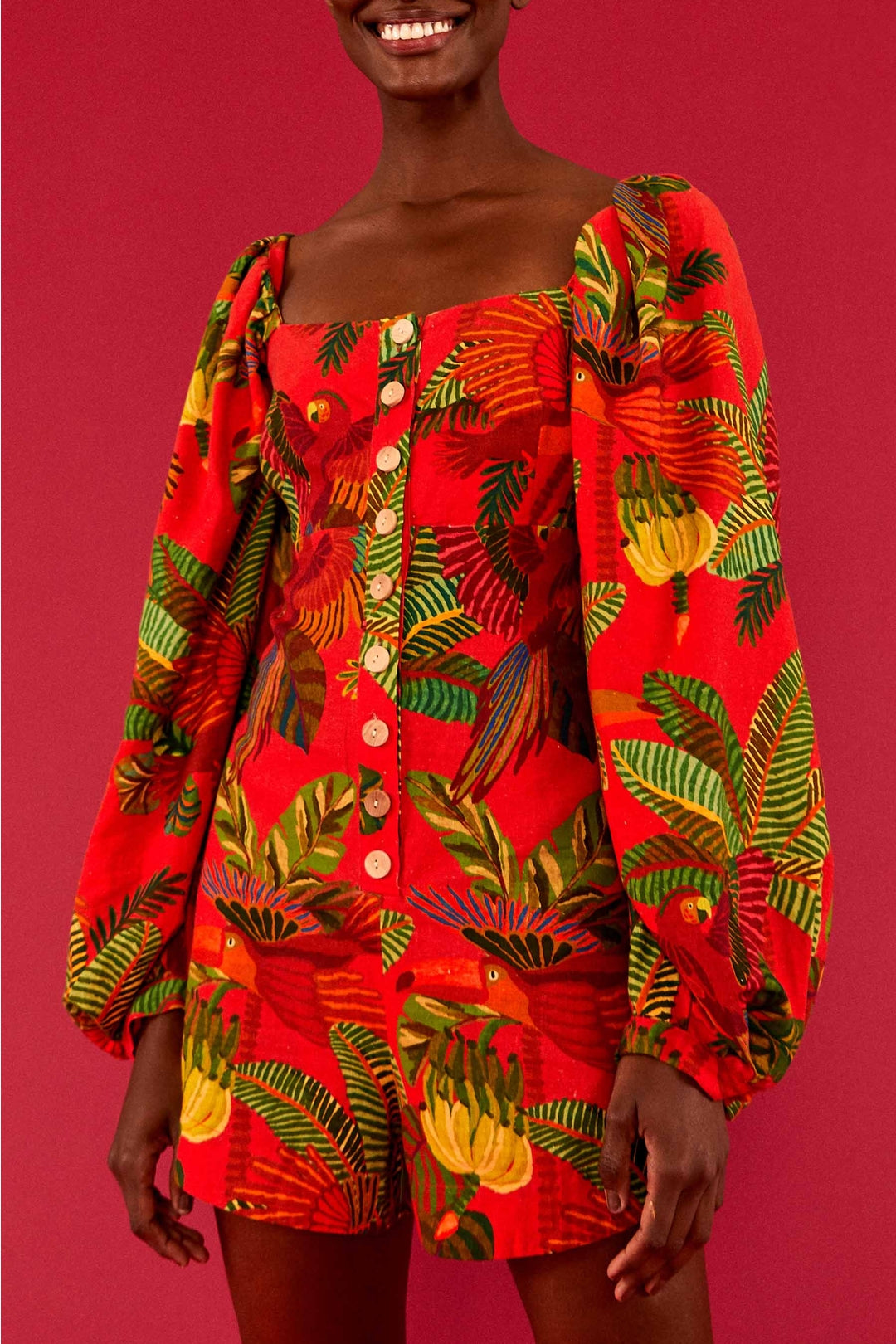 Combi-short Forest Birds en lin - Rouge