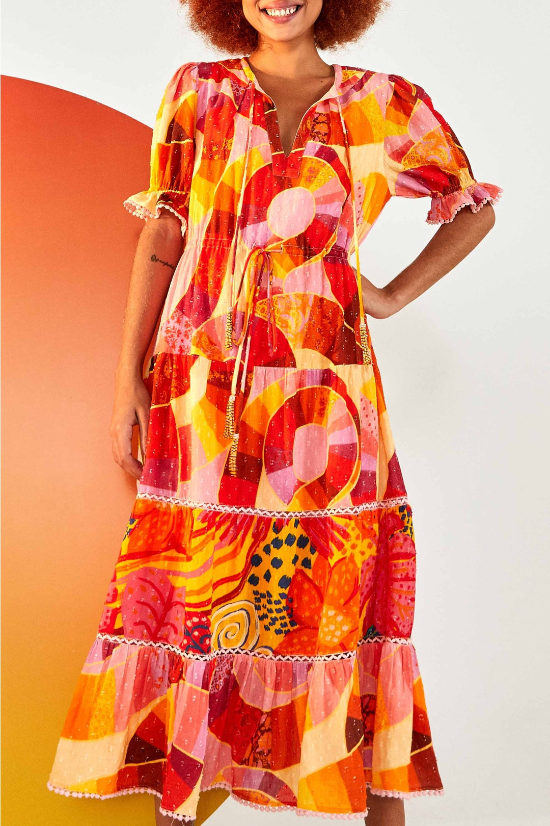 Robe longue Patch Twirl en coton - Rose