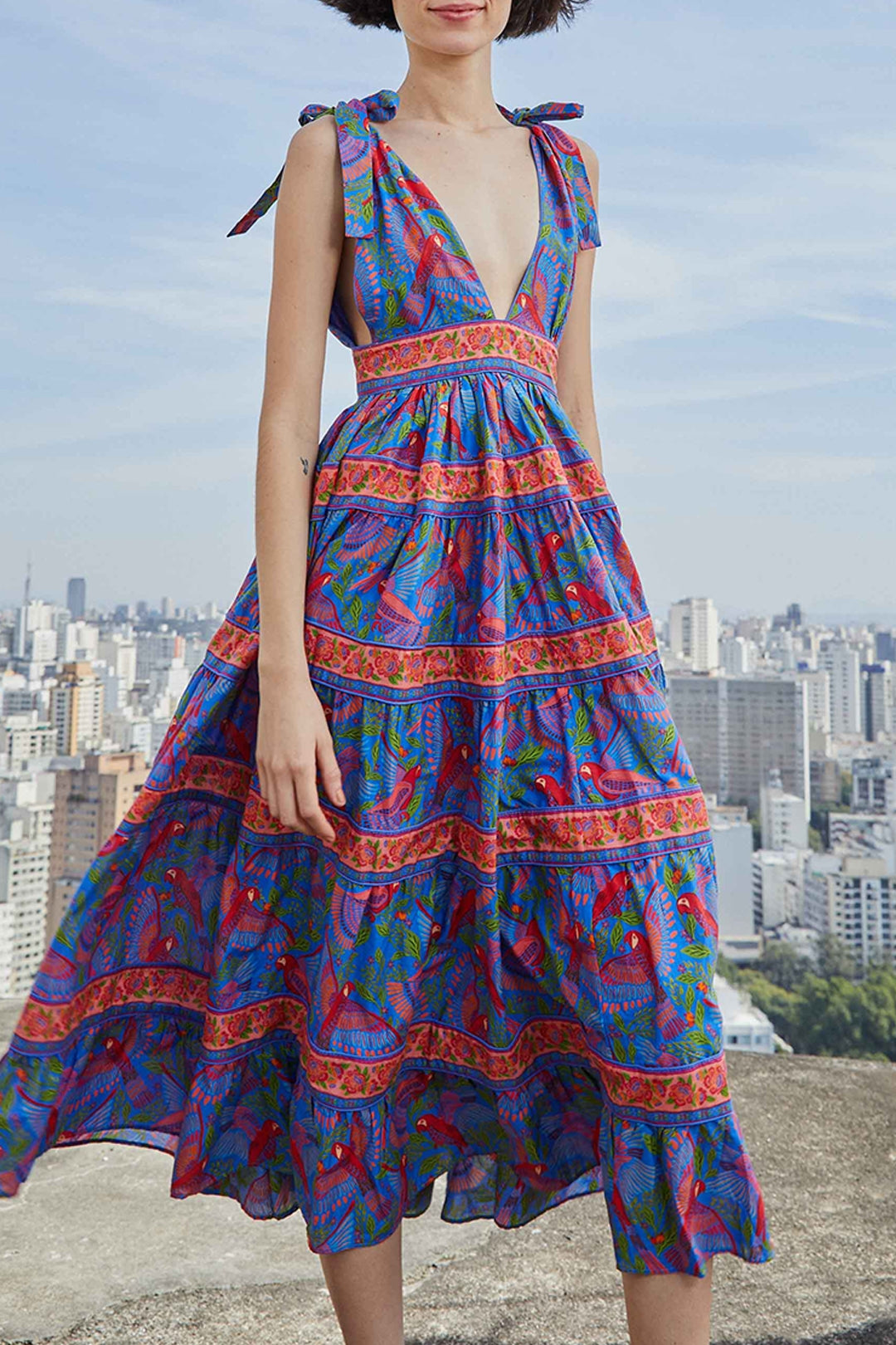 Robe midi Macaw Flight en coton - Bleu