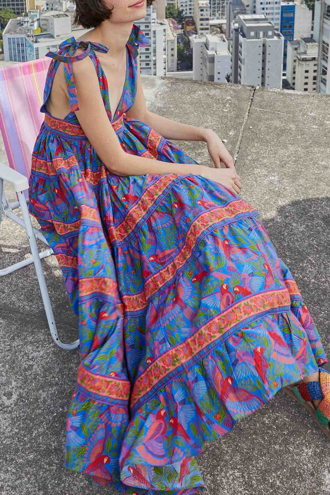 Robe midi Macaw Flight en coton - Bleu