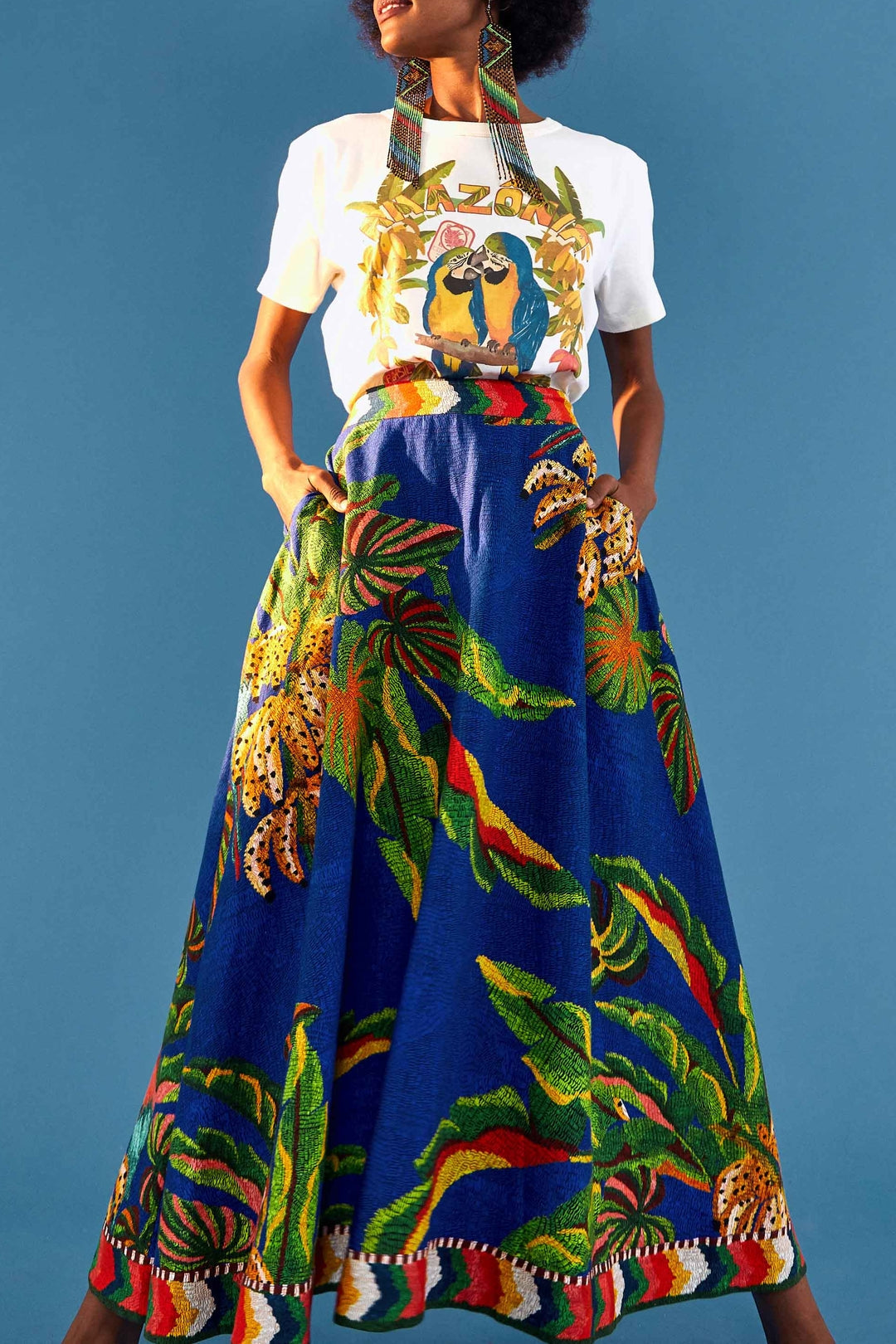Jupe midi Tropical Scarf en lin - Bleu