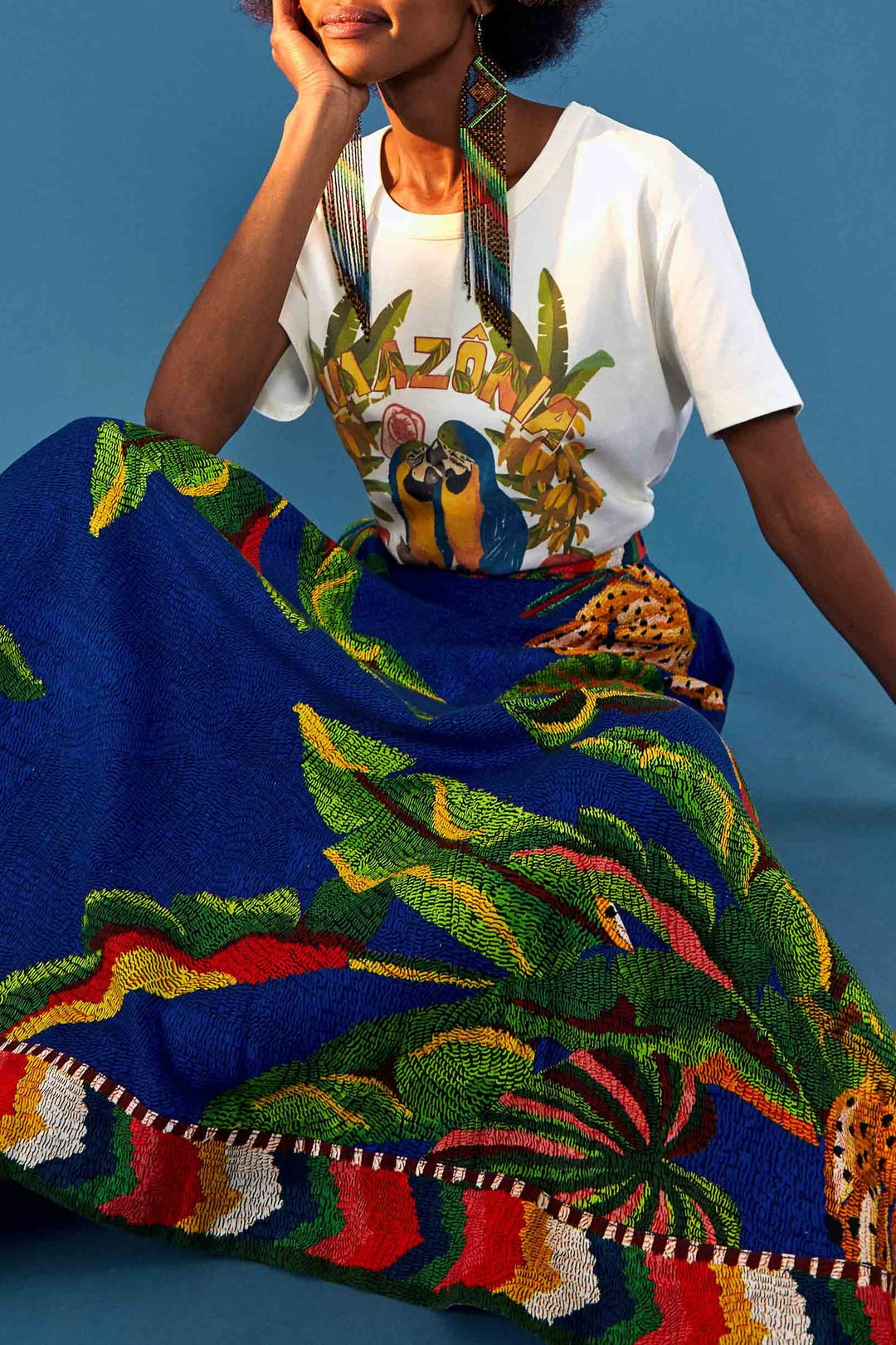 Jupe midi Tropical Scarf en lin - Bleu