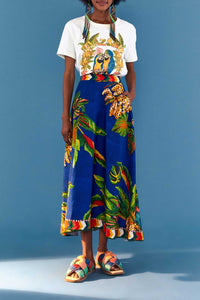 Jupe midi Tropical Scarf en lin - Bleu