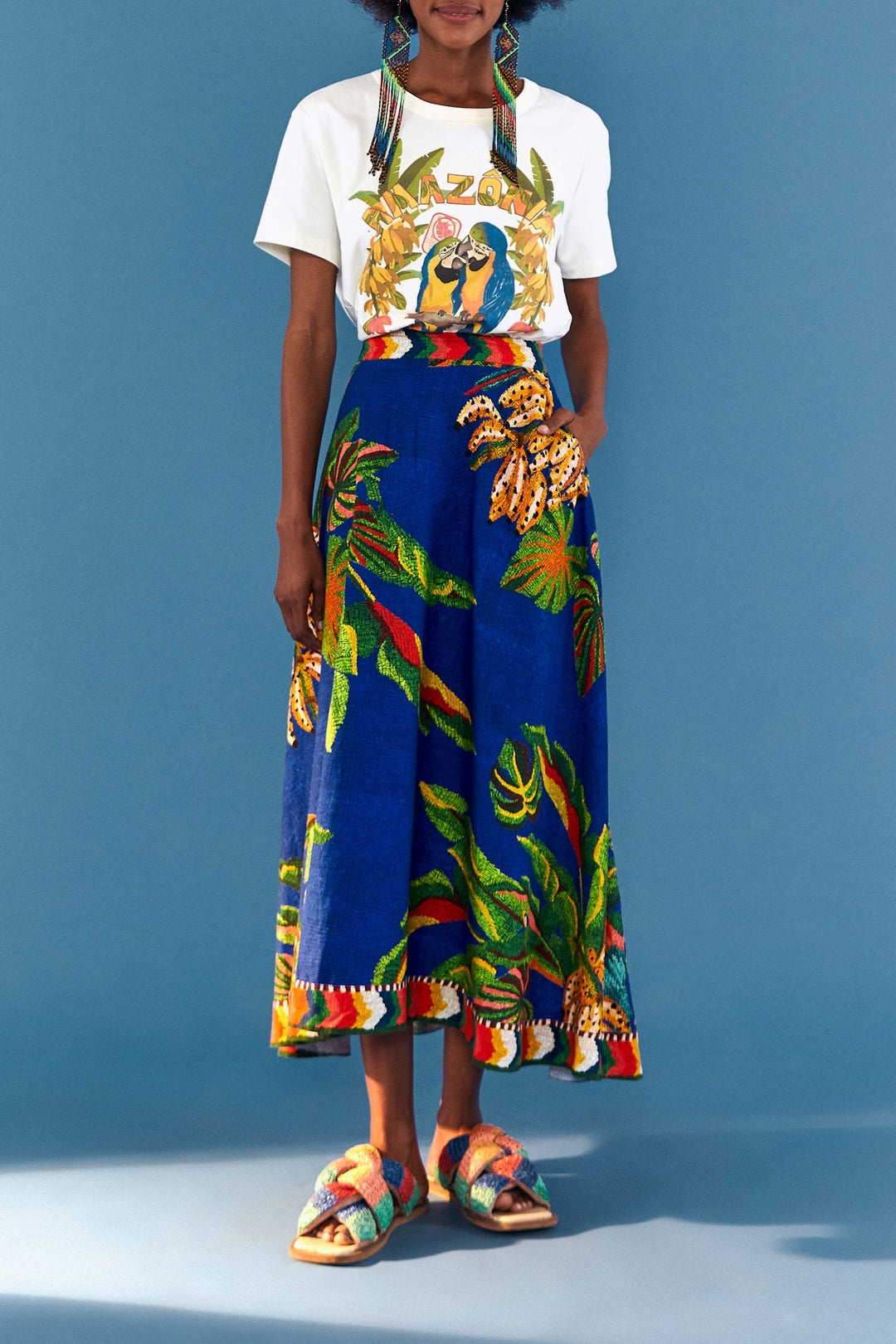 Jupe midi Tropical Scarf en lin - Bleu