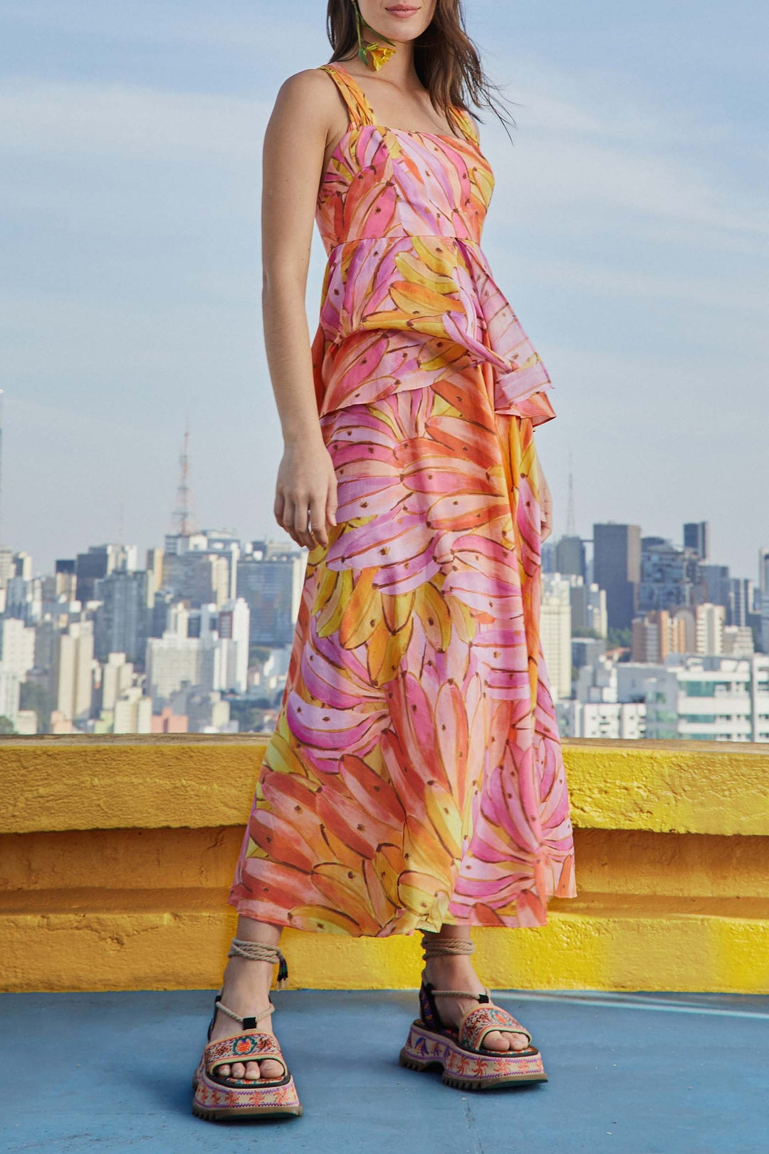 Robe longue dos croisé Ombre Bananas en coton - Rose