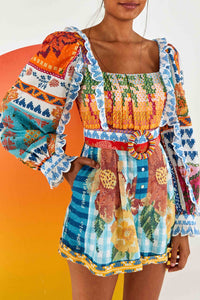 Combi-short à manches longues en coton - Multicolore