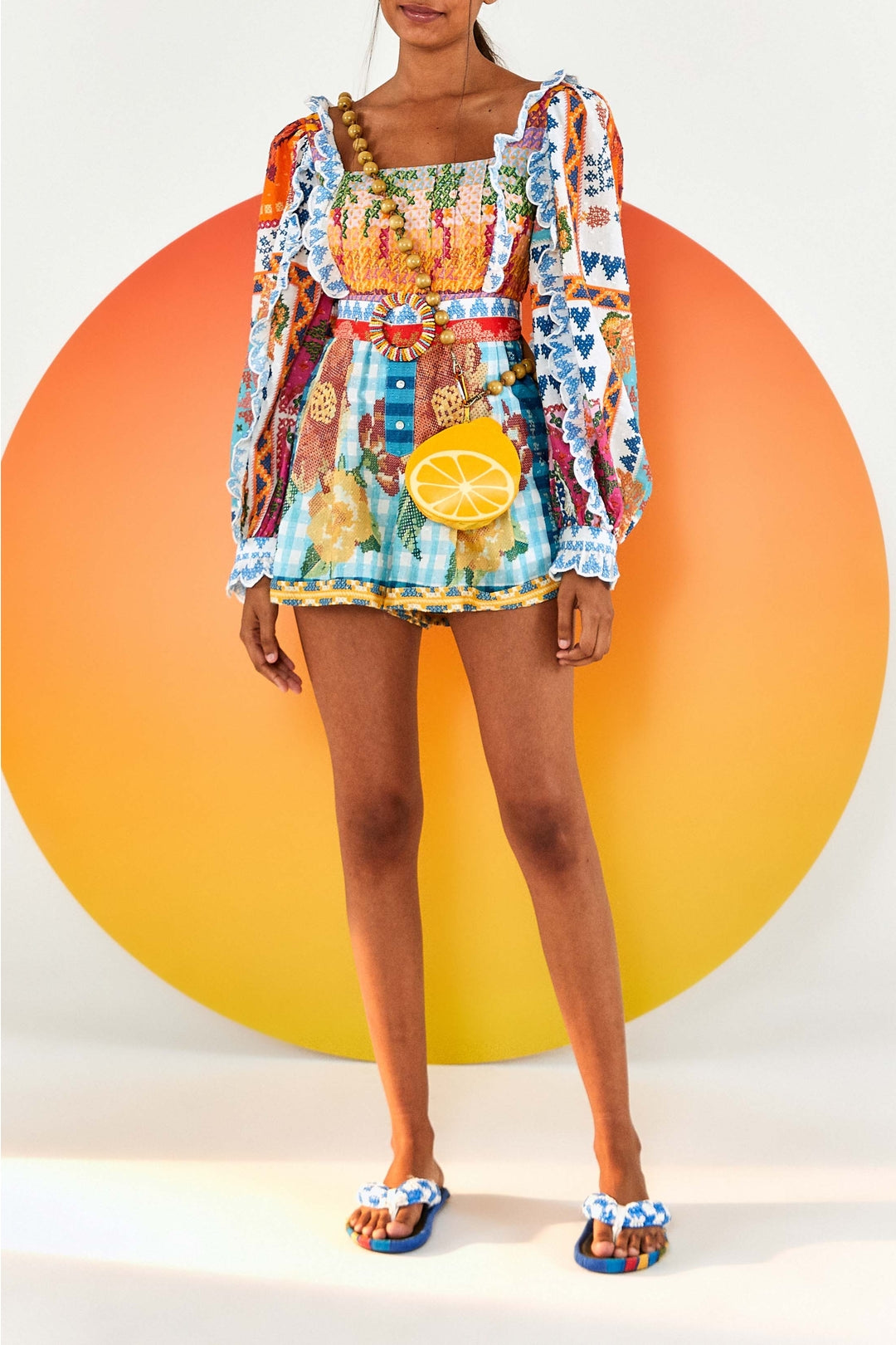 Combi-short à manches longues en coton - Multicolore
