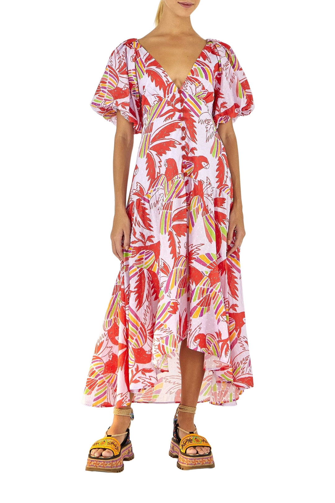 Robe longue Color Birds en coton - Rouge