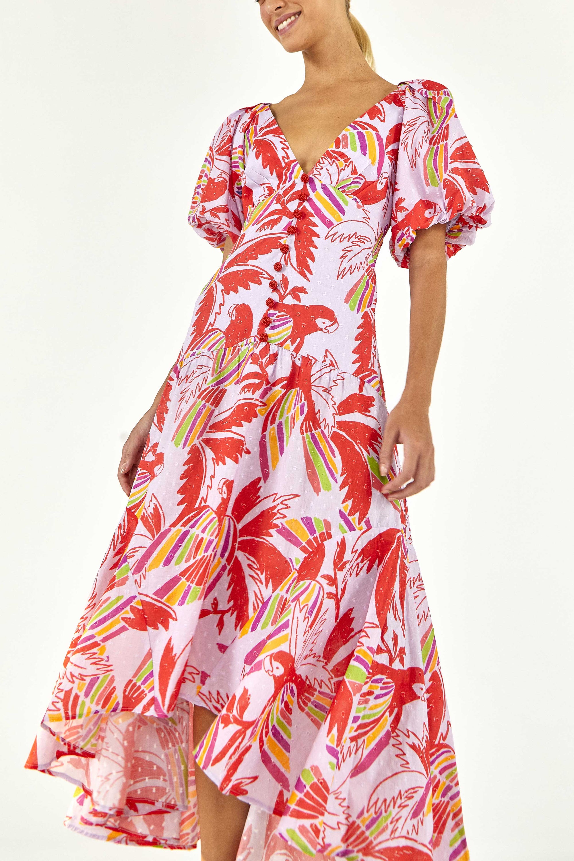 Robe longue Color Birds en coton - Rouge