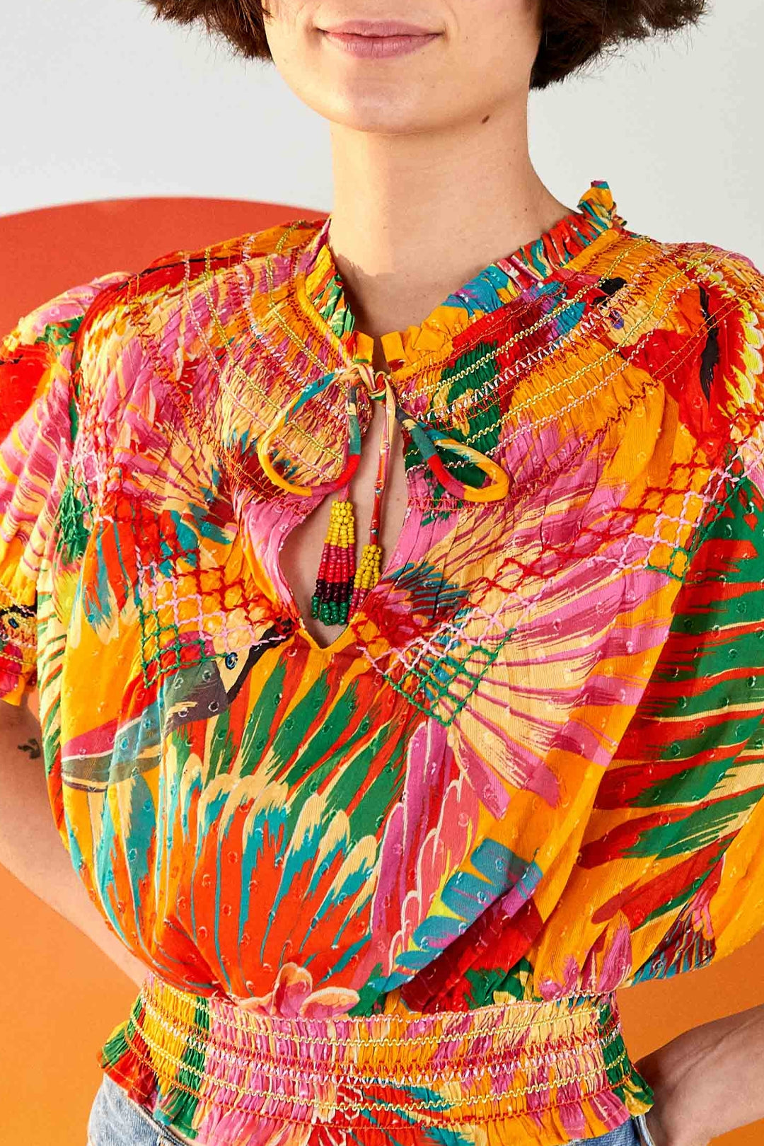 Blouse toucans colorés en coton - Orange
