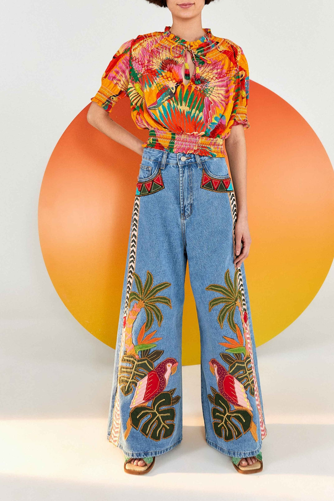 Blouse toucans colorés en coton - Orange