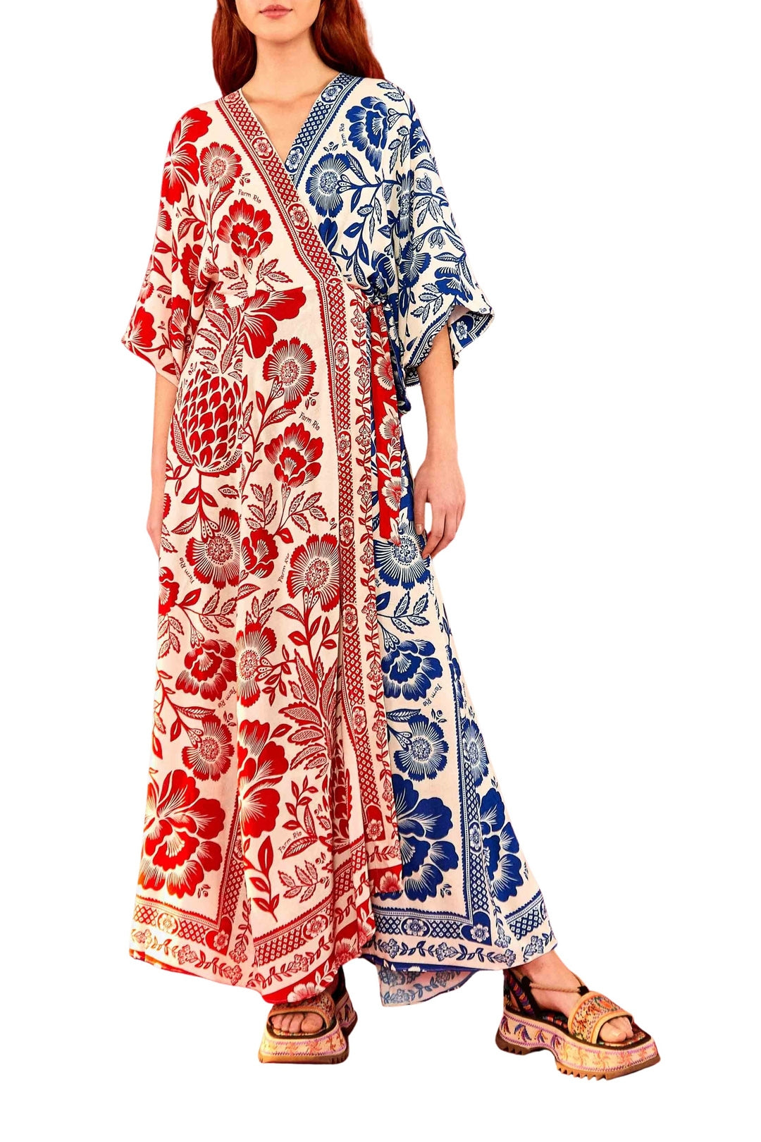 Robe longue portefeuille Jardin Ananas - Rouge