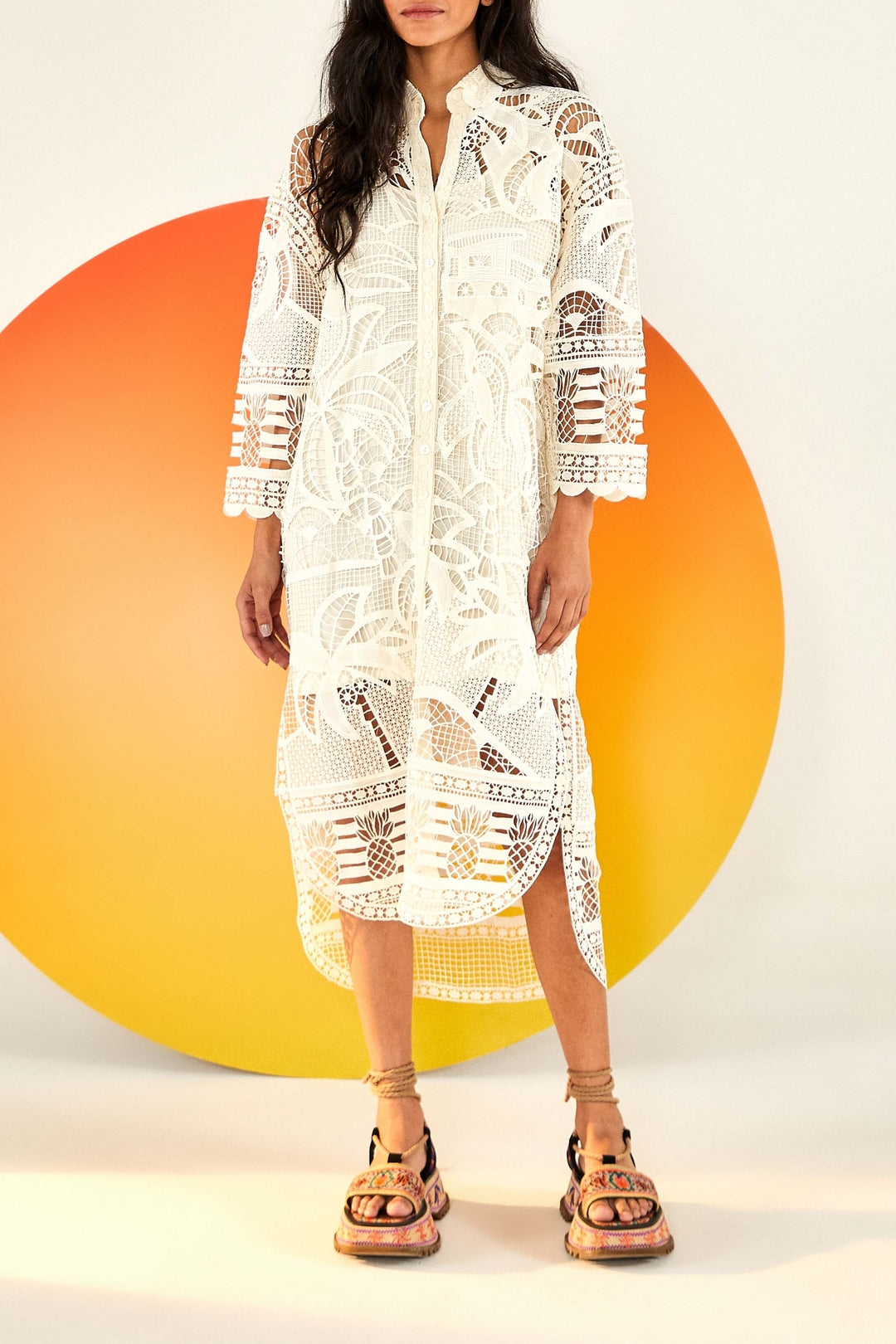 Robe midi nuisette en dentelle - Blanc