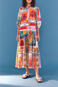 Robe longue d'été à œillets en coton - Multicolore