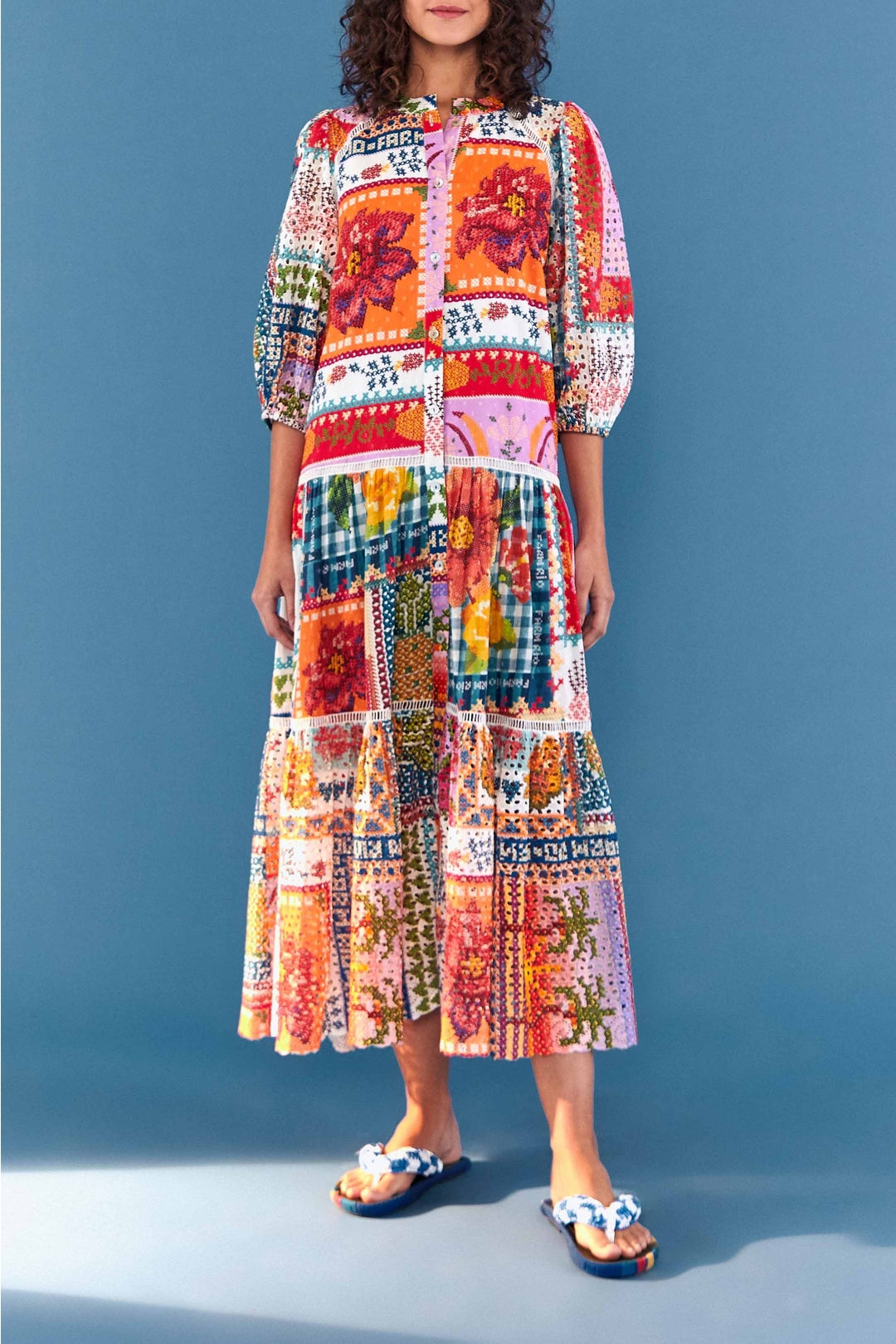 Robe longue d'été à œillets en coton - Multicolore