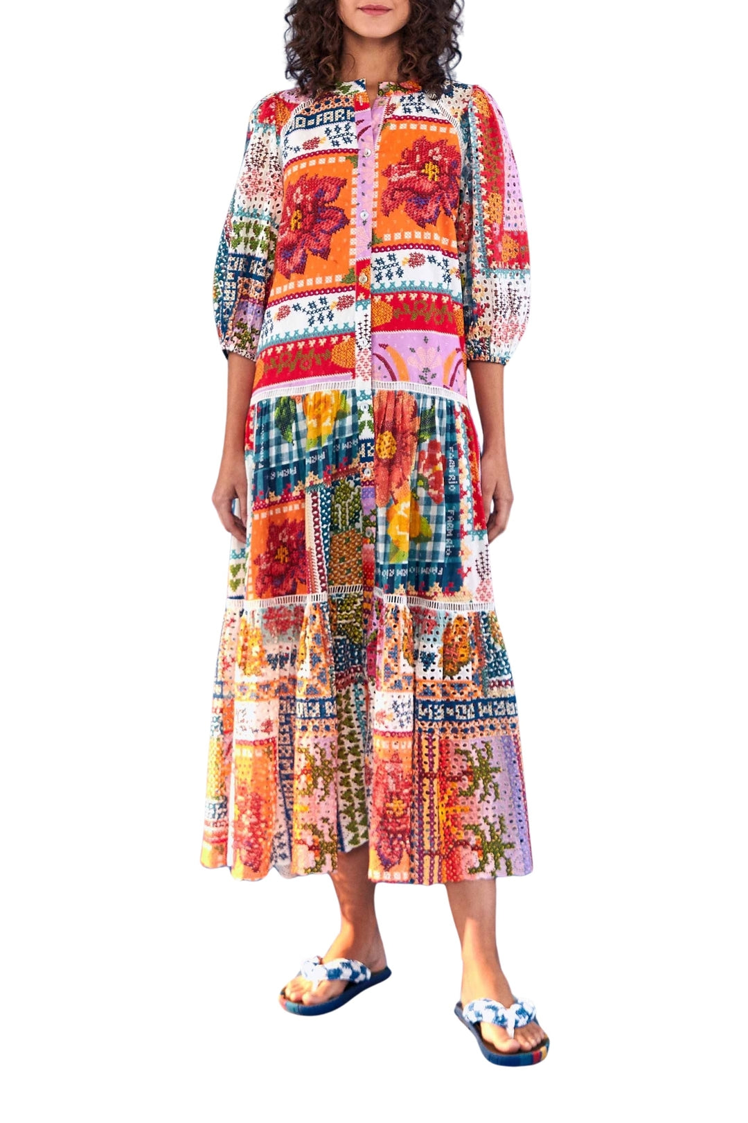 Robe longue d'été à œillets en coton - Multicolore