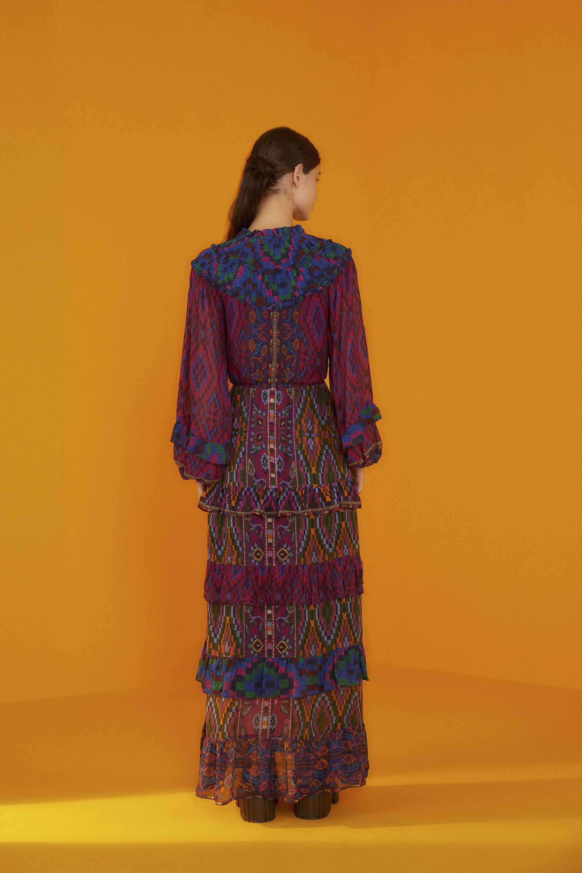Robe longue volantées à manches longues - Multicolore