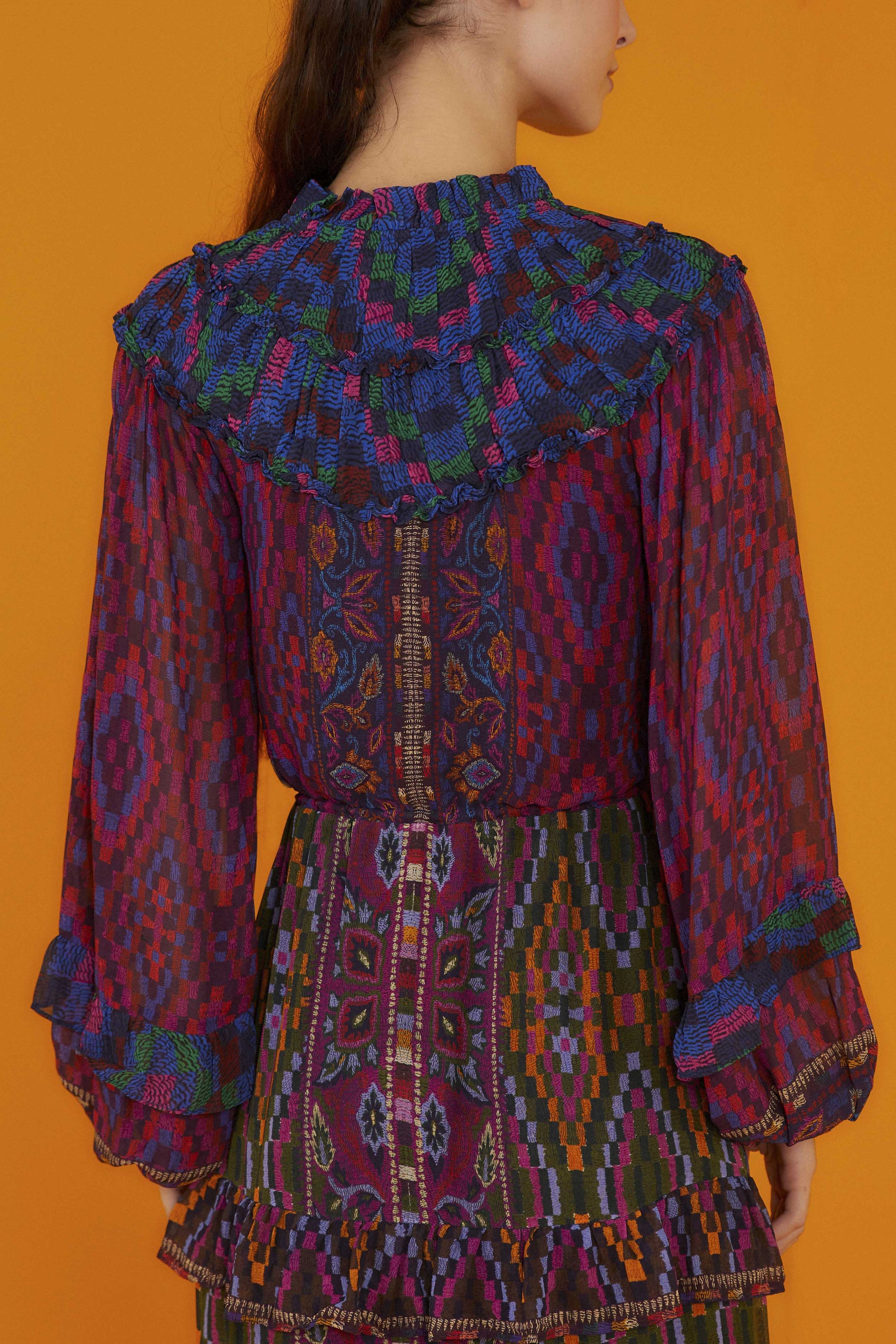 Robe longue volantées à manches longues - Multicolore
