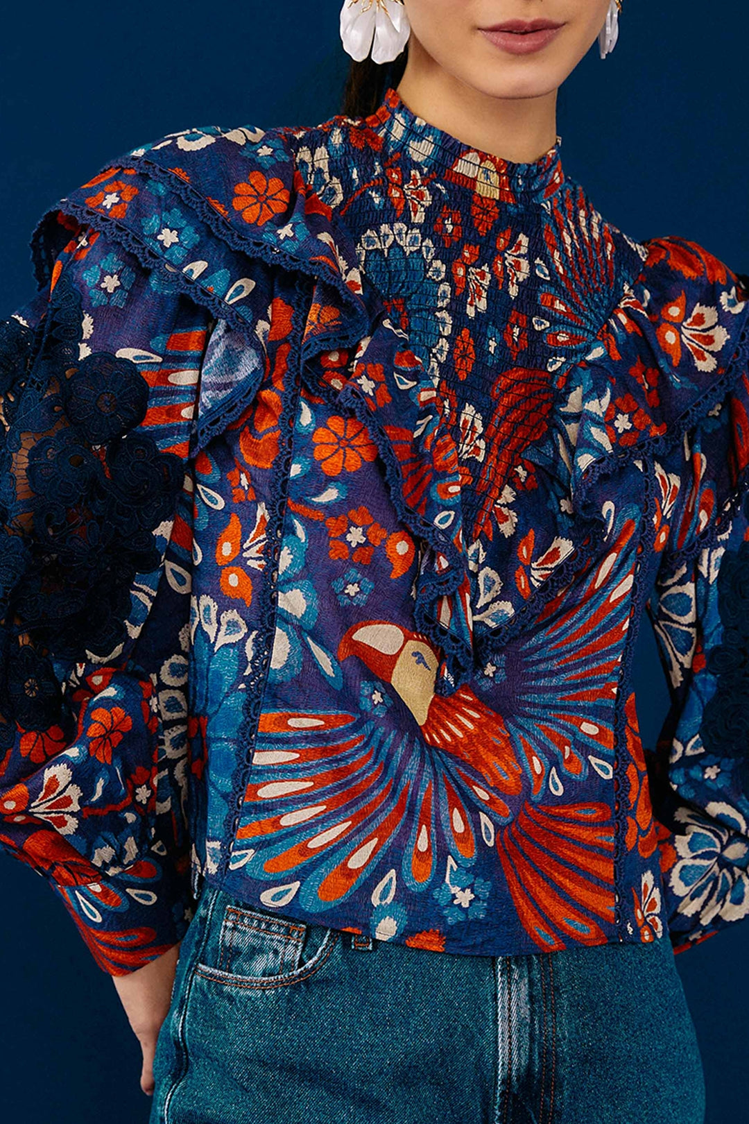 Blouse Fleurs d'ananas en coton - Bleu