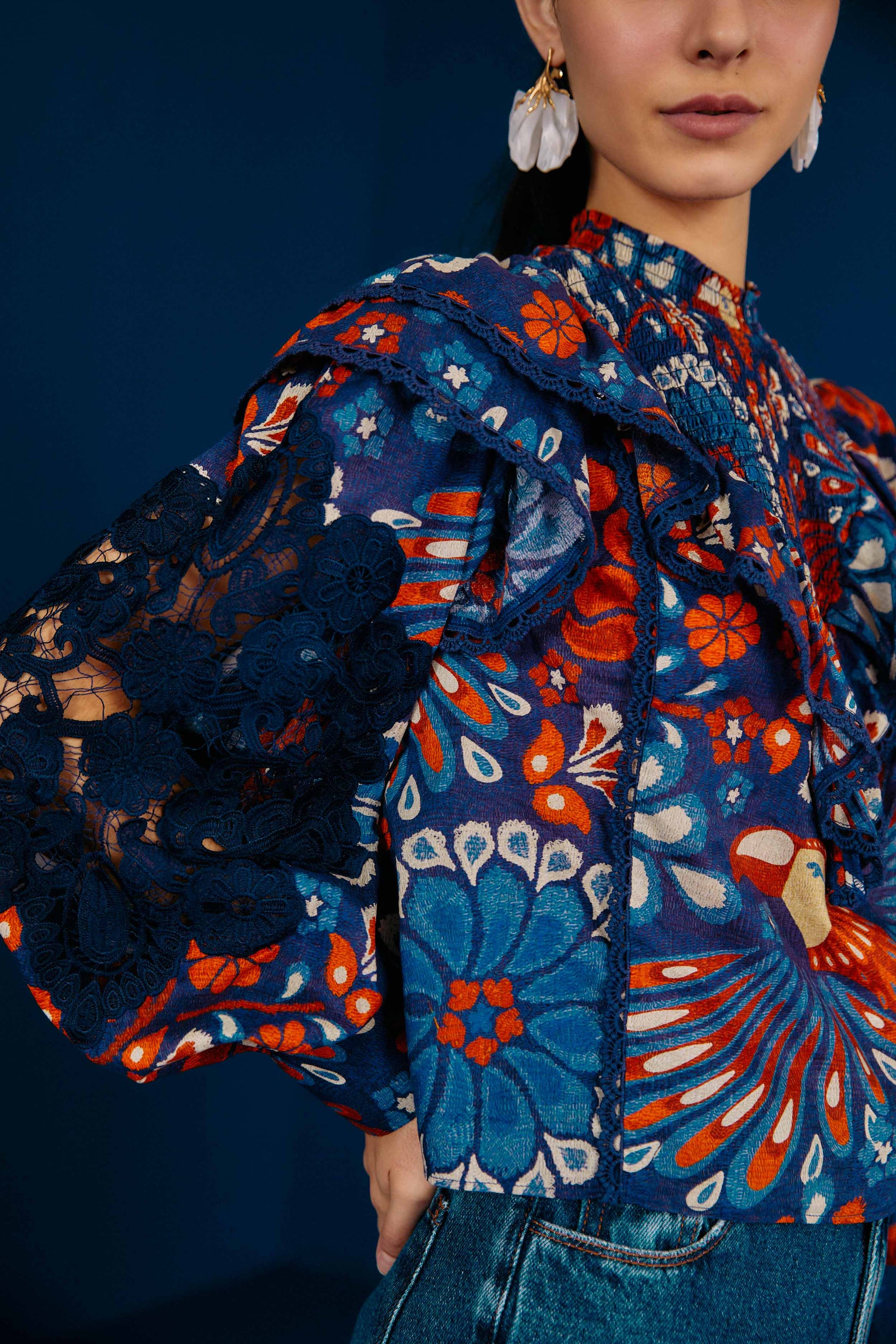 Blouse Fleurs d'ananas en coton - Bleu