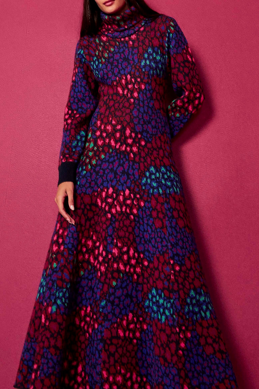 Robe longue Léopard à col montant - Bleu