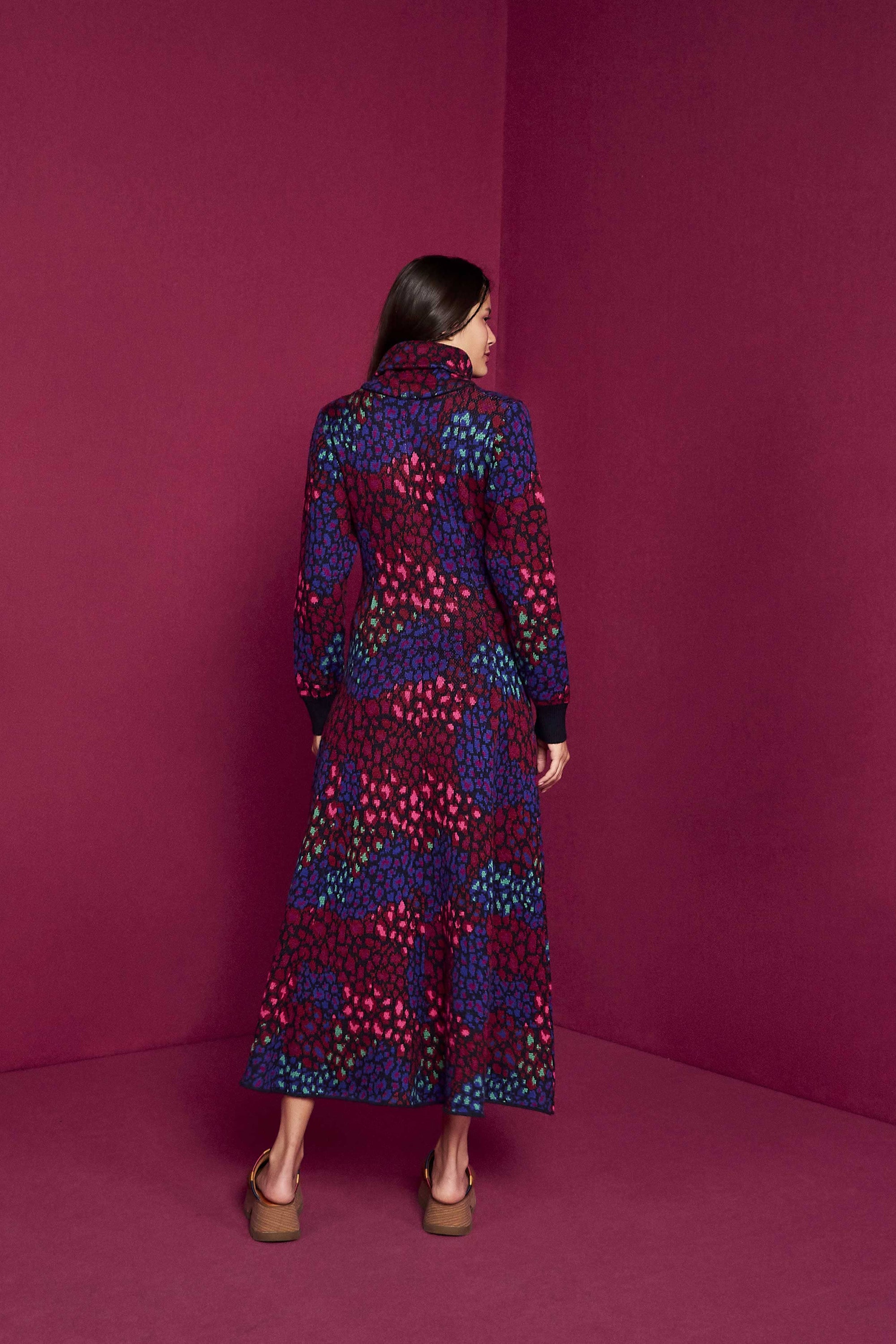 Robe longue Léopard à col montant - Bleu