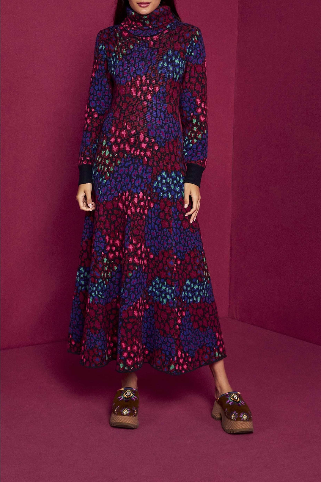 Robe longue Léopard à col montant - Bleu