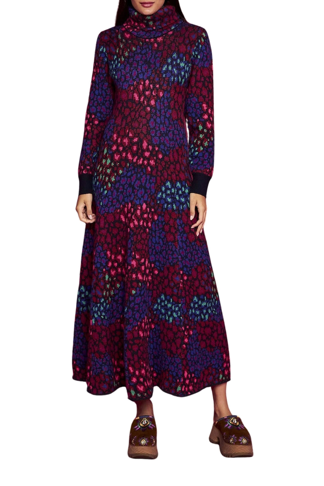 Robe longue Léopard à col montant - Bleu