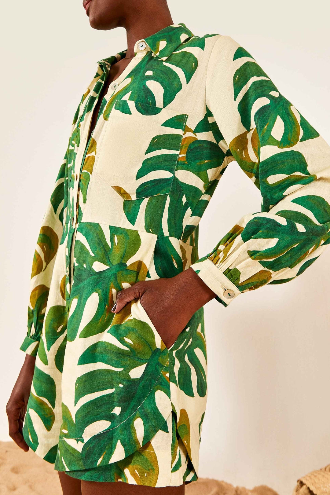 Combi-short Monstera en lin - Vert