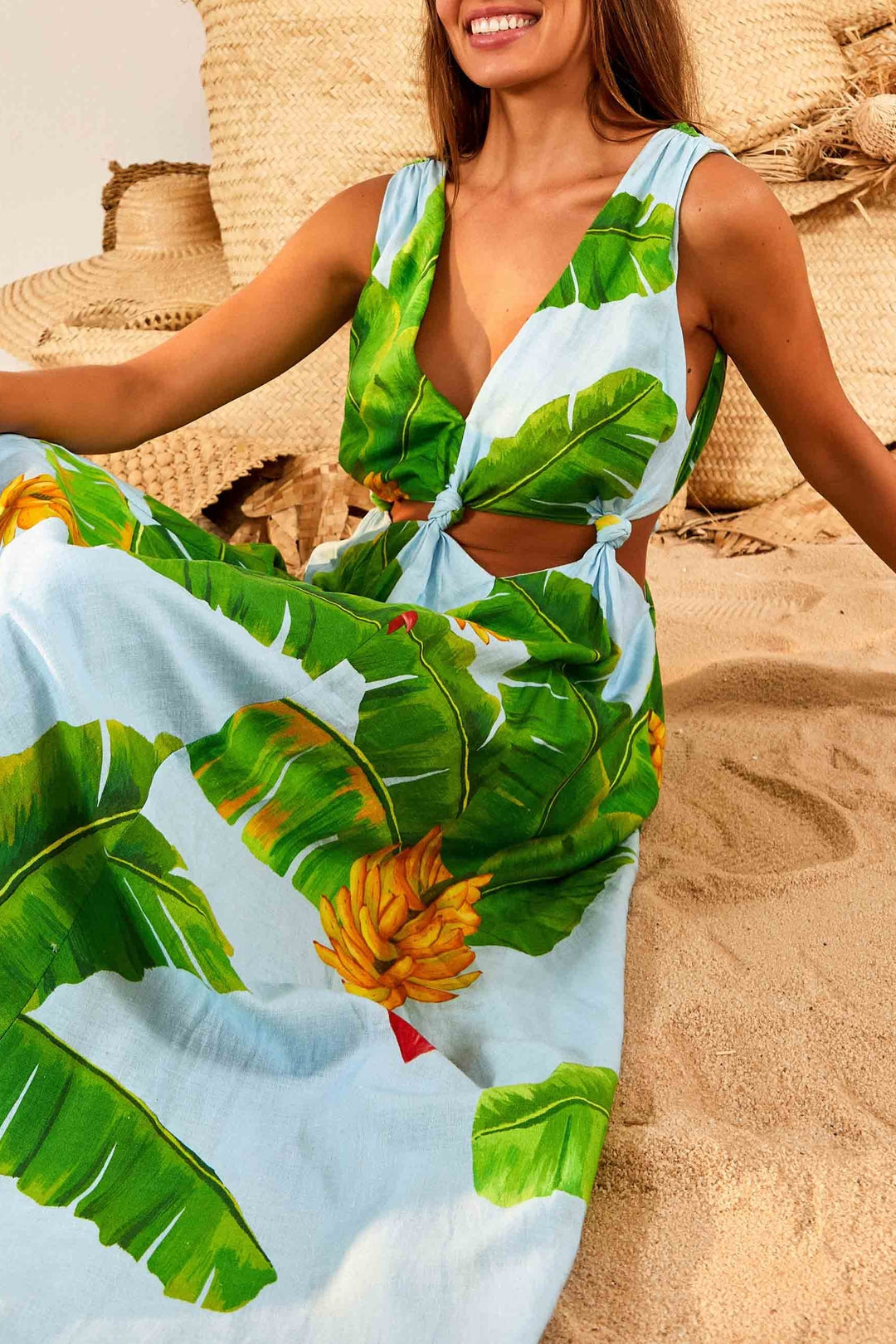 Robe longue Fresh Bananas en lin - Vert