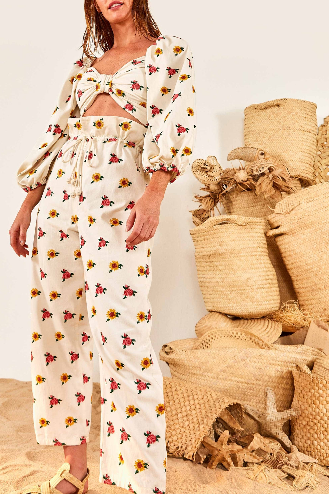 Pantalon brodé à fleurs en coton - Blanc