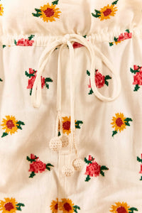 Pantalon brodé à fleurs en coton - Blanc