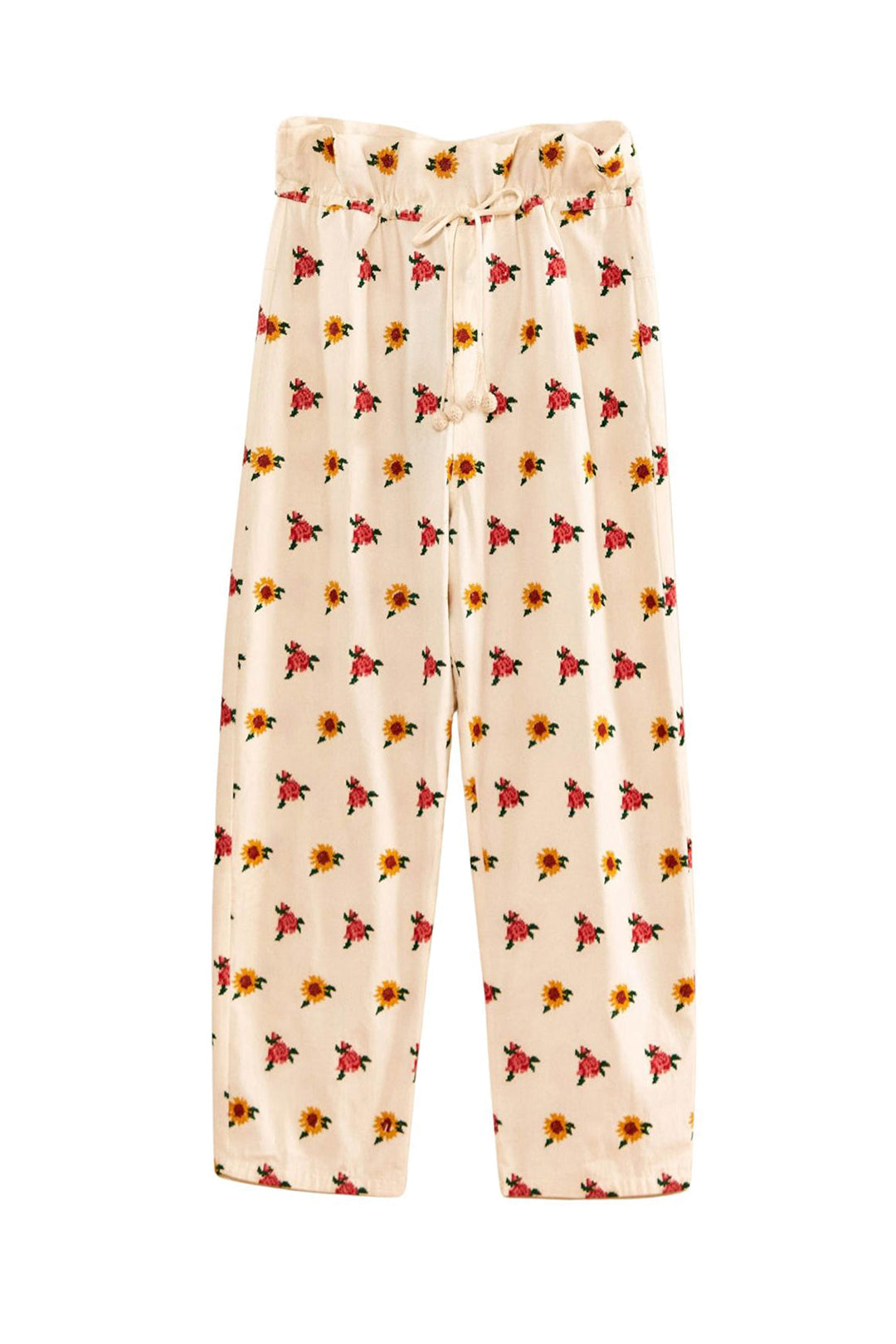 Pantalon brodé à fleurs en coton - Blanc
