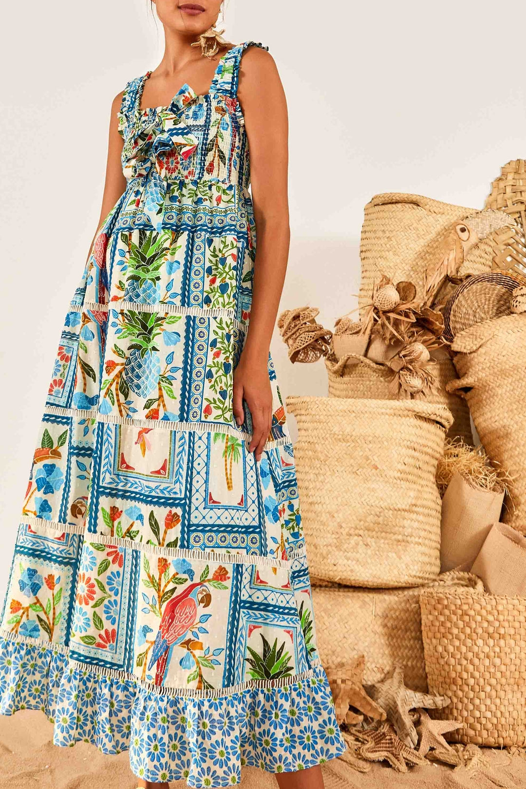Robe longue Tropical Tiles en coton - Multicolore