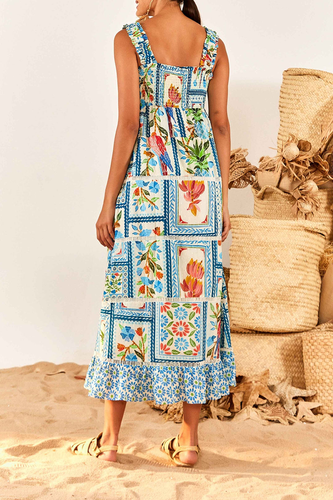 Robe longue Tropical Tiles en coton - Multicolore