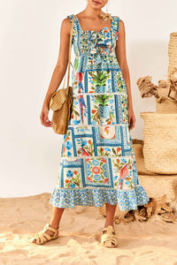 Robe longue Tropical Tiles en coton - Multicolore