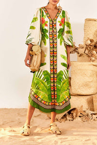 Robe midi Fresh Forest en lin - Vert