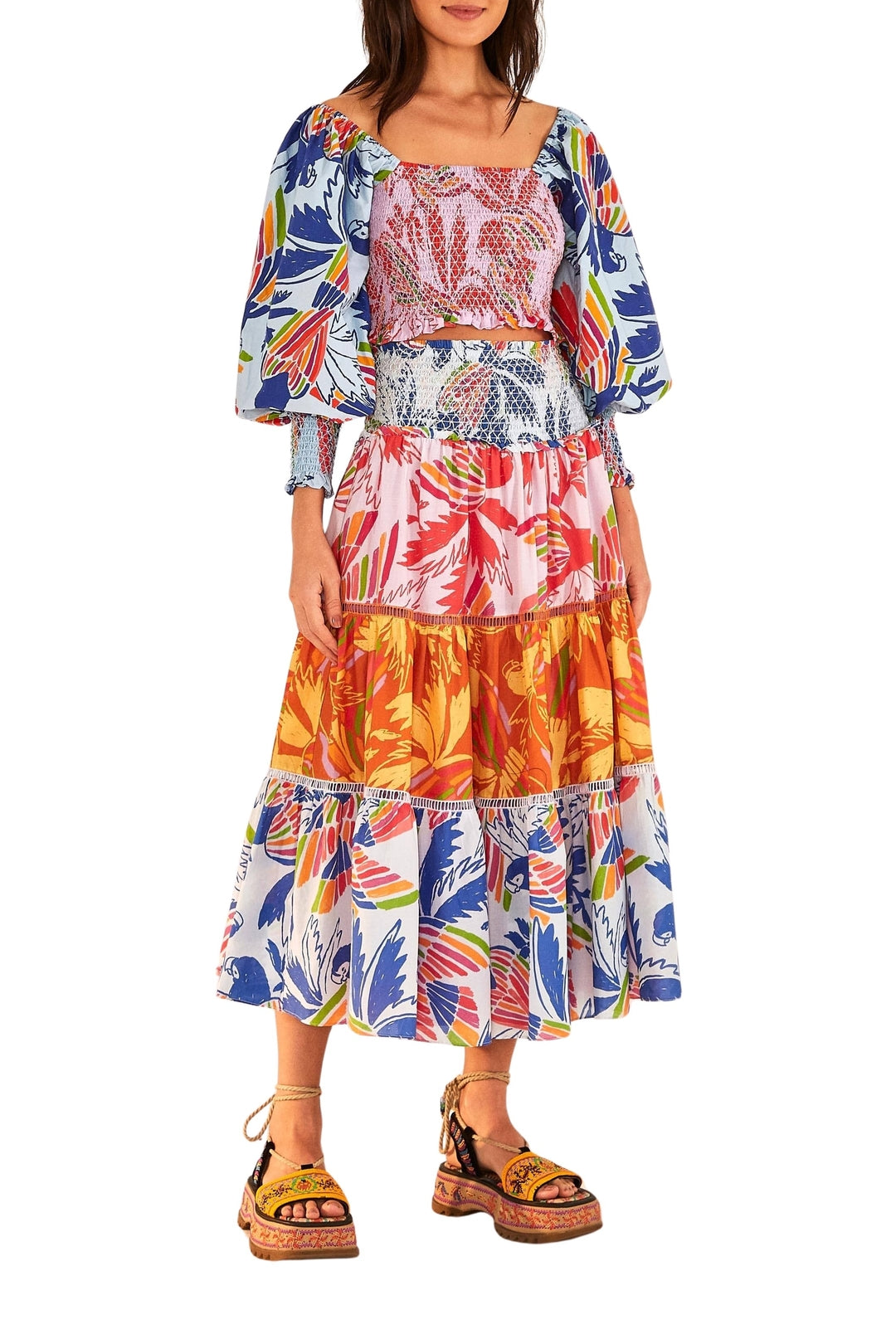 Blouse courte Color Birds en coton - Multicolore