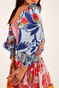 Blouse courte Color Birds en coton - Multicolore