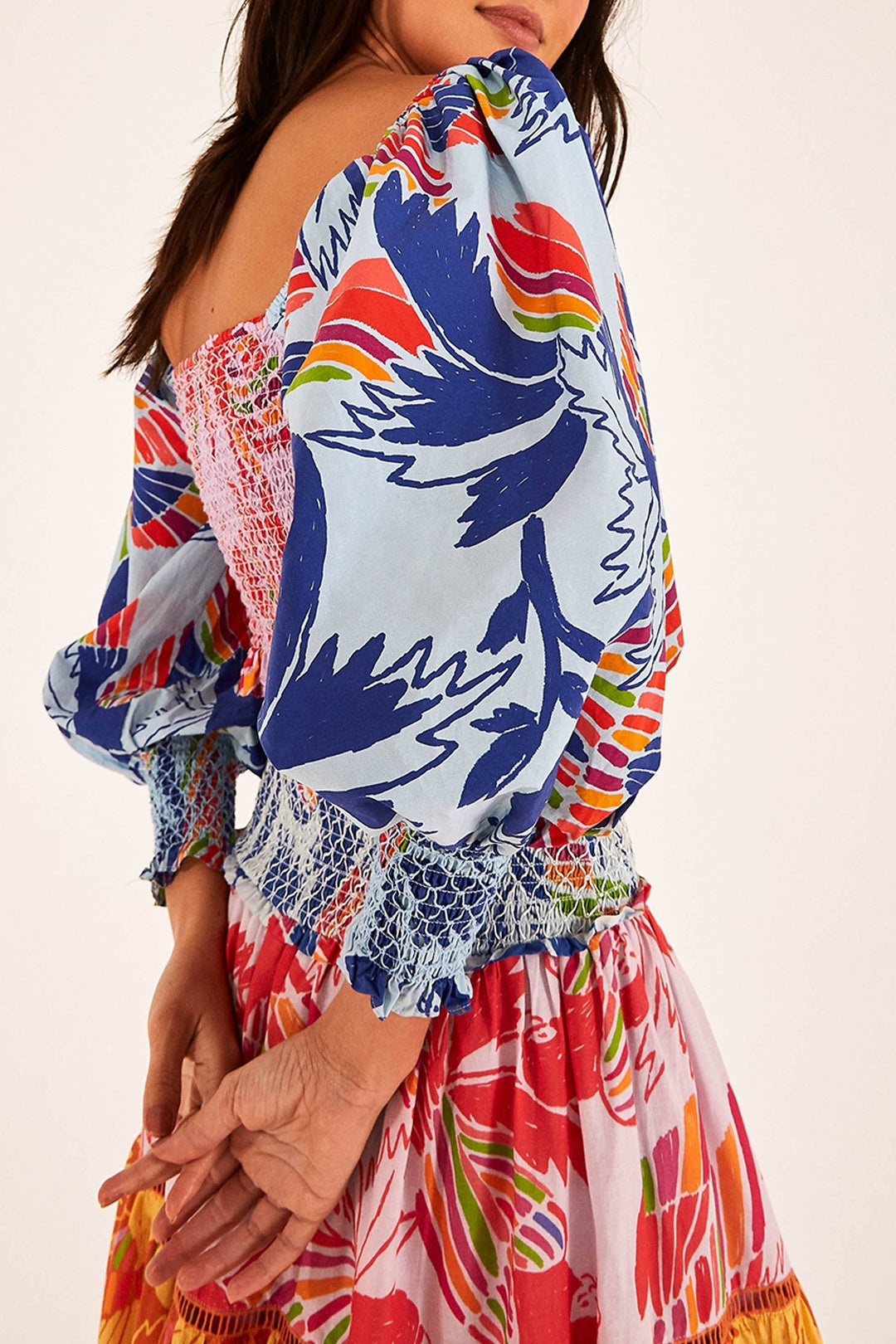 Blouse courte Color Birds en coton - Multicolore