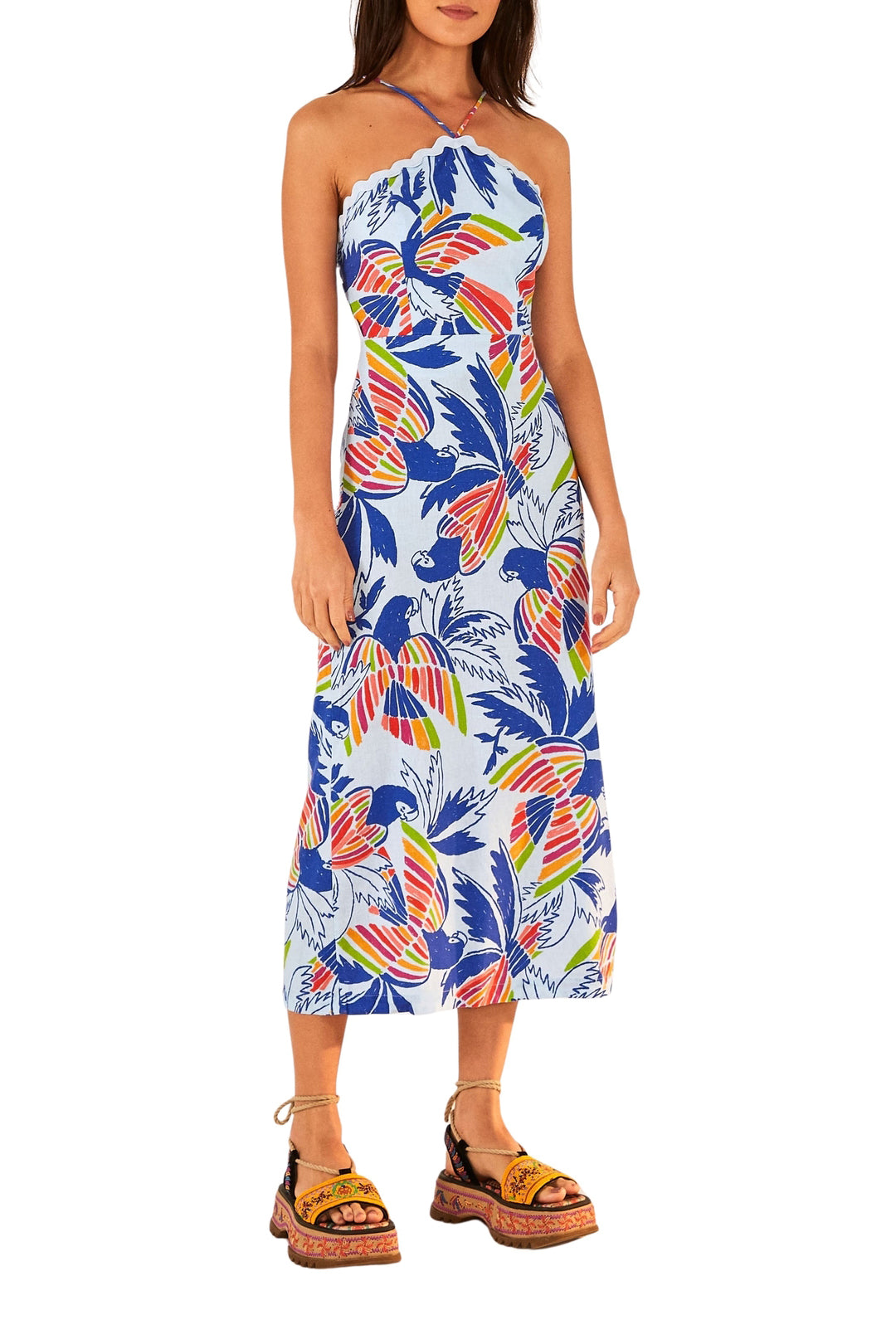Robe midi Color Birds en coton - Bleu