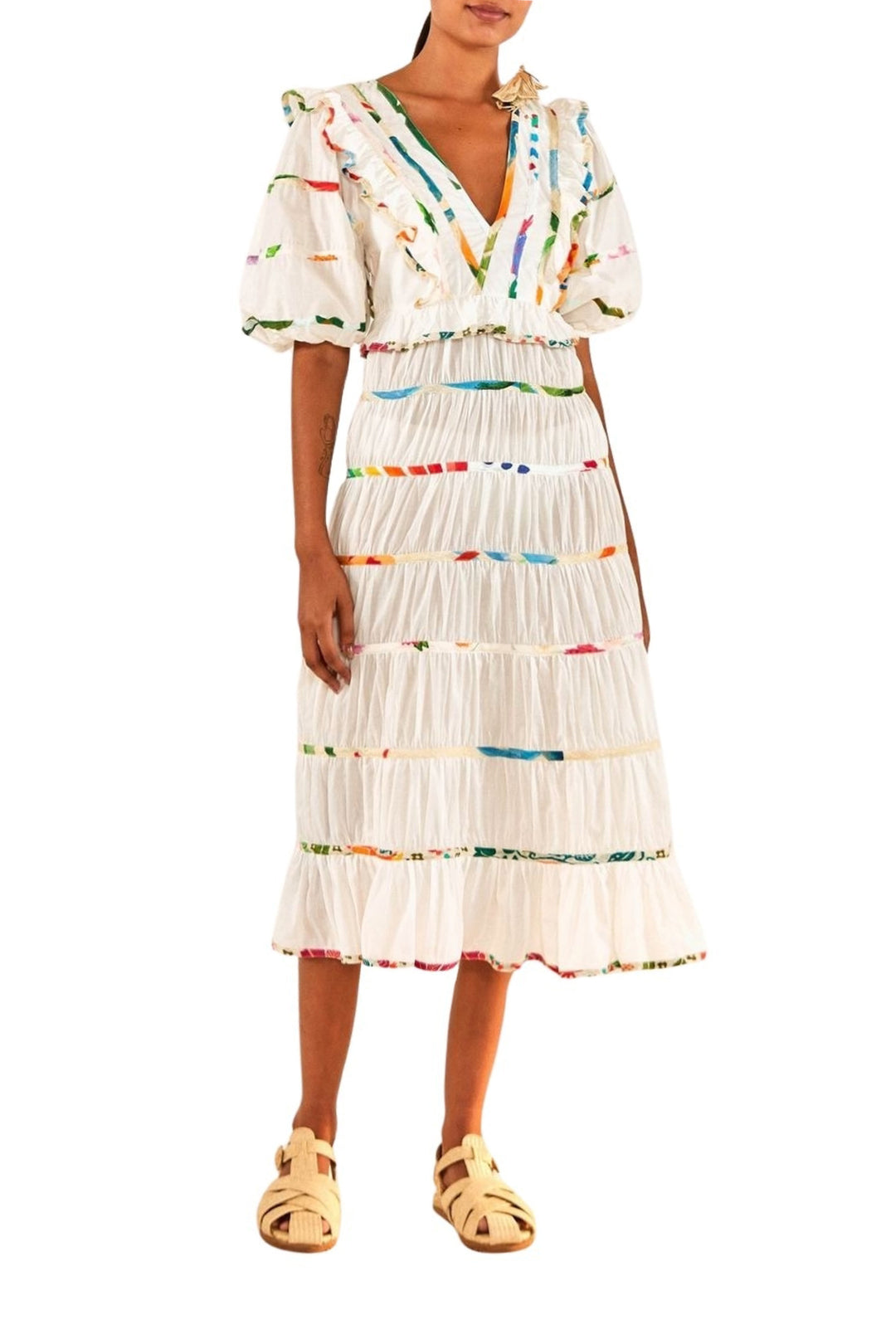 Robe midi à imprimés en coton - Blanc