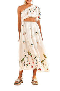 Robe longue brodée Pitanga en lin - Blanc