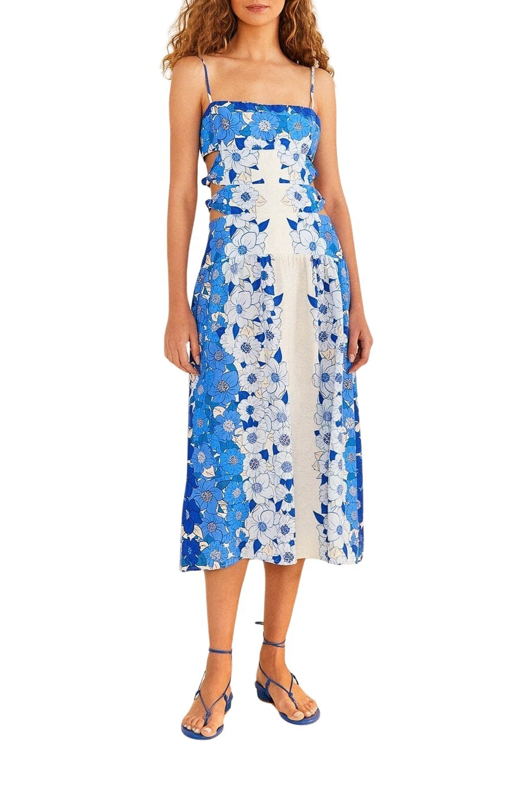 Robe midi Flower Stripes en lin - Bleu