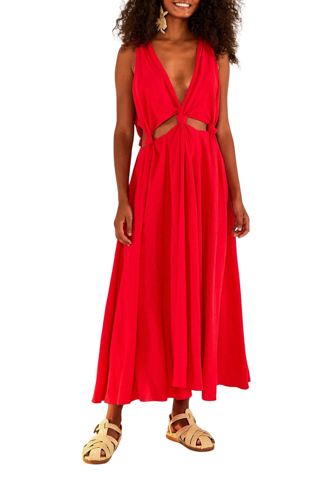 Robe longue à découpes en lin - Rouge
