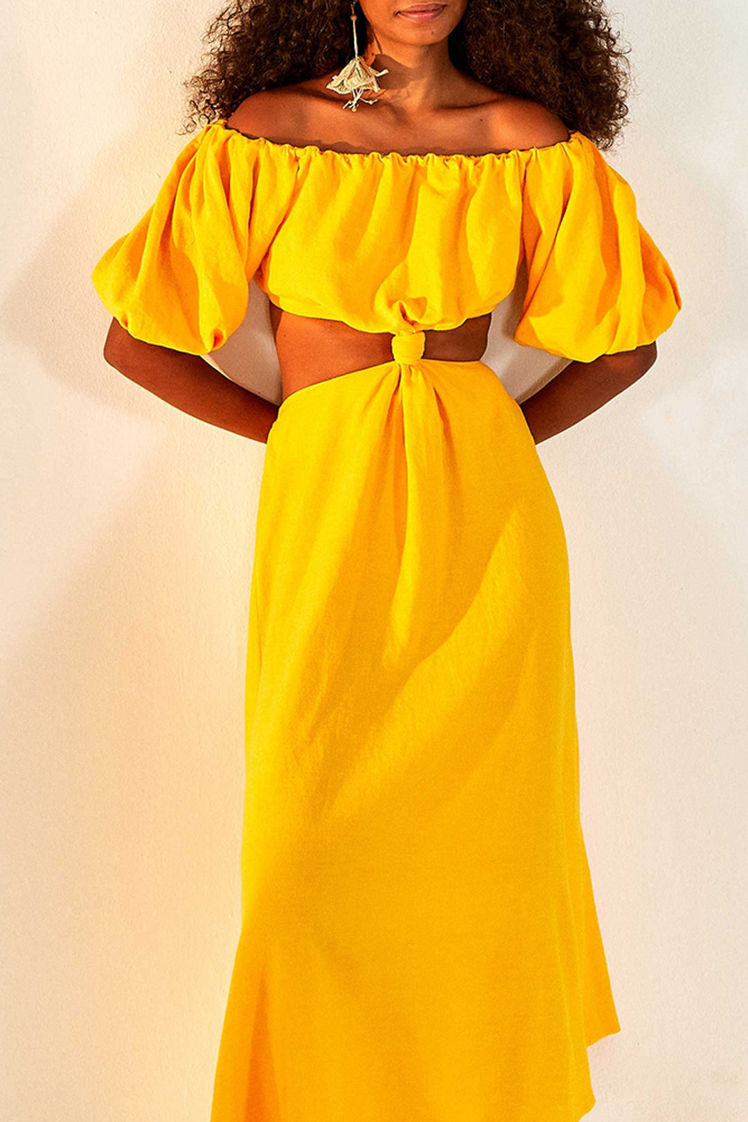 Robe midi à nœud en lin - Jaune