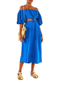 Robe midi à nœud en lin - Bleu