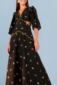 Robe longue découpée à borderie en lin - Noir
